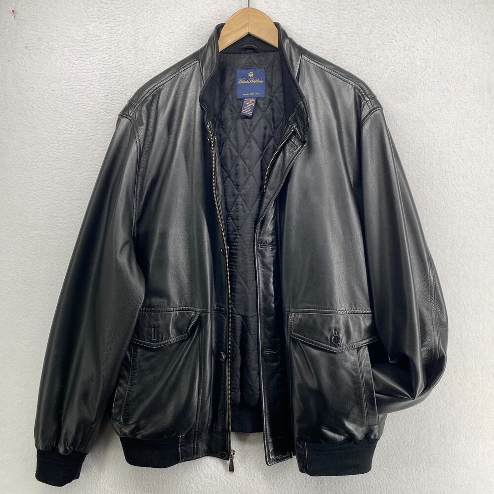 BROOKS BROTHERS Jacket Men XL Leather Motorcycle Bomber Quilted Super Soft Black - Picture 1 of 14